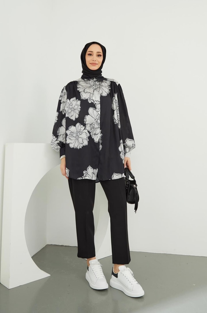 Lotus Saten Desenli Gömlek - Siyah