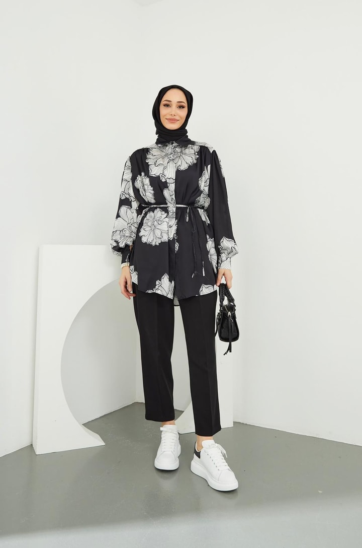 Lotus Saten Desenli Gömlek - Siyah