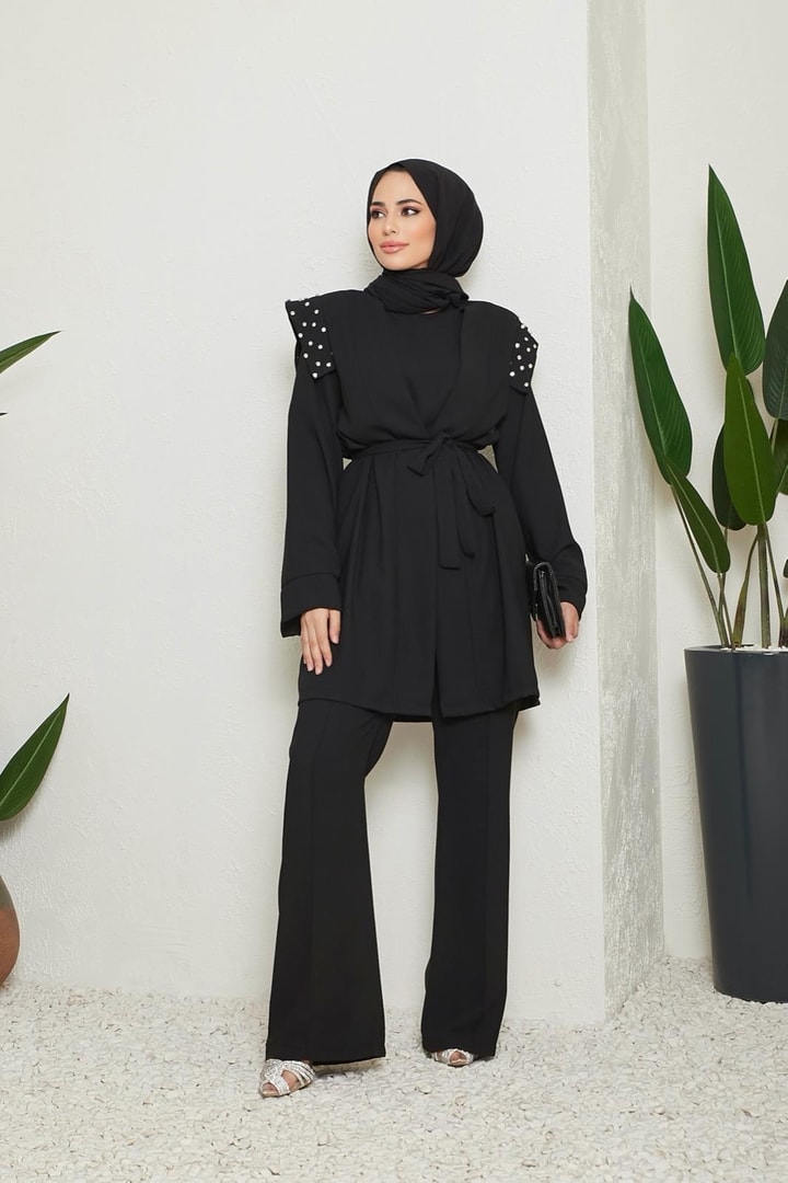 Lova Omuz Detaylı Taşlı Krep Takım - Siyah