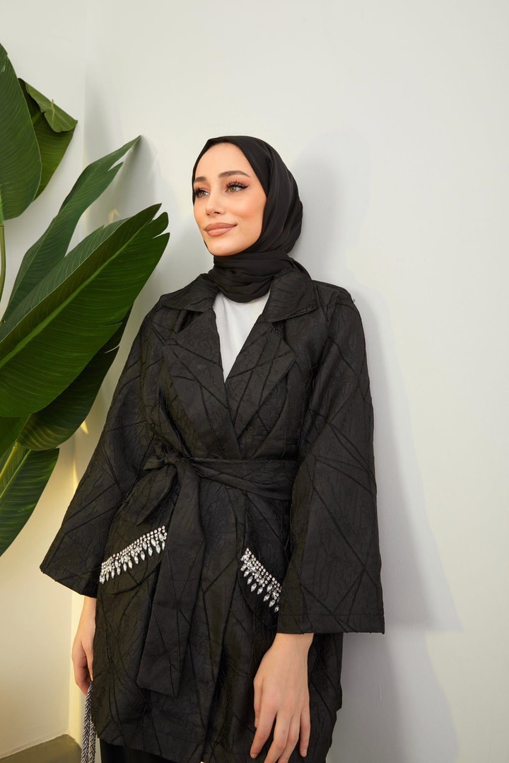 Luiza Taş Detaylı Jakar Ceket - Siyah
