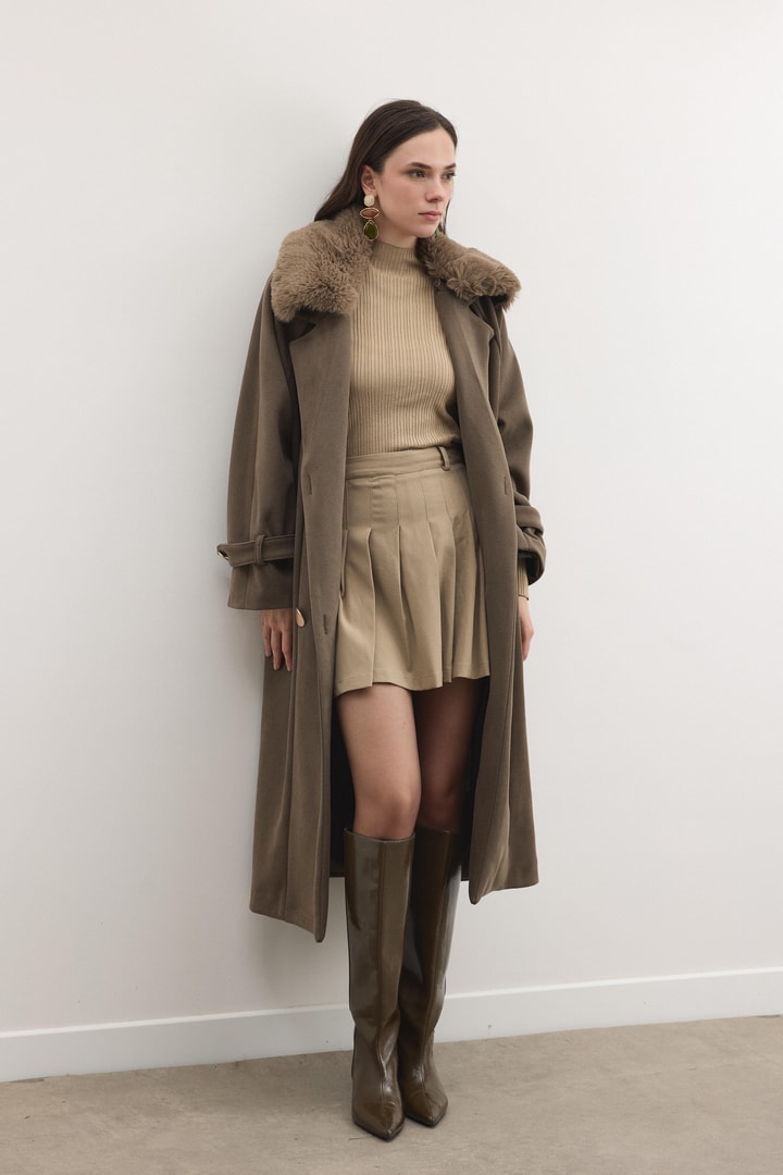 Luna Yaka Kürklü Uzun Kaşe Kaban - Haki