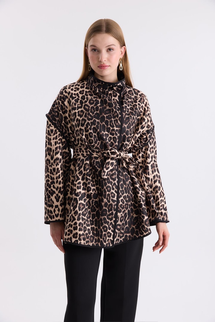 Mara Dik Yaka Leopar Desenli Ceket - Bej