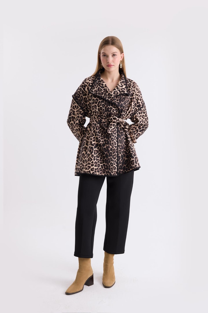 Mara Dik Yaka Leopar Desenli Ceket - Bej