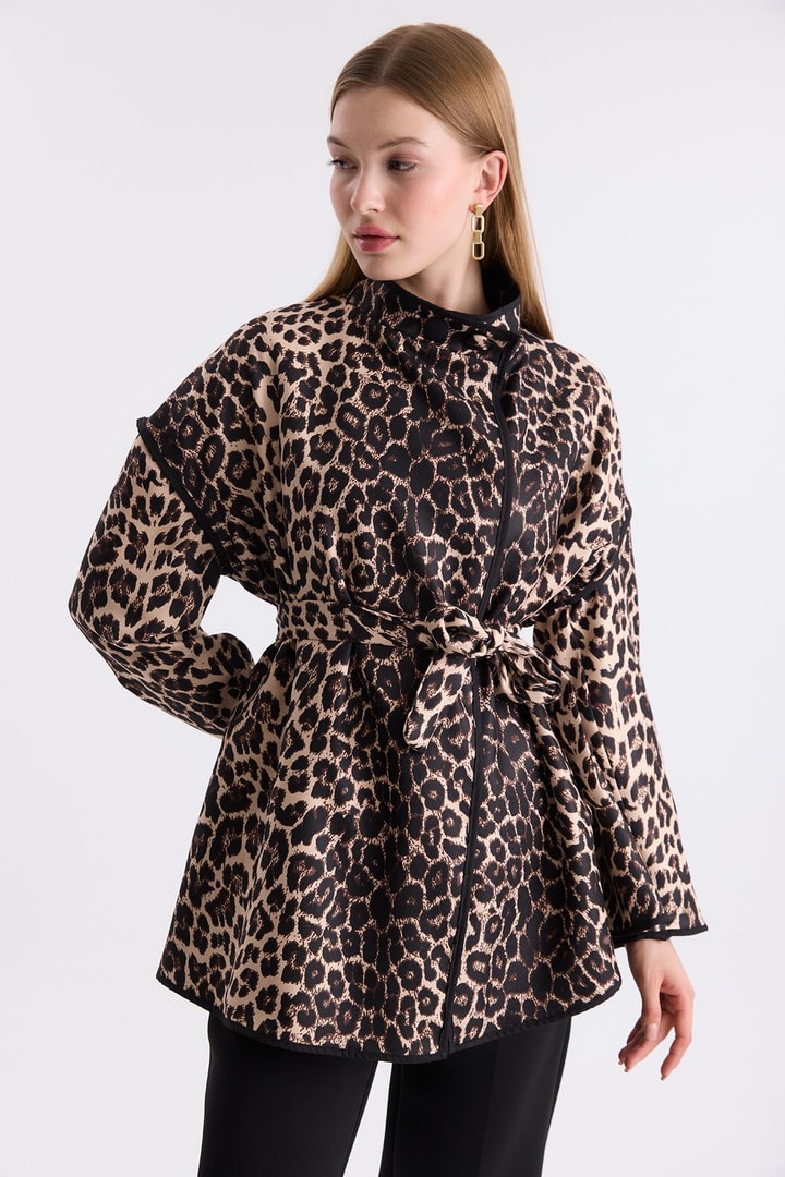 Mara Dik Yaka Leopar Desenli Ceket - Bej