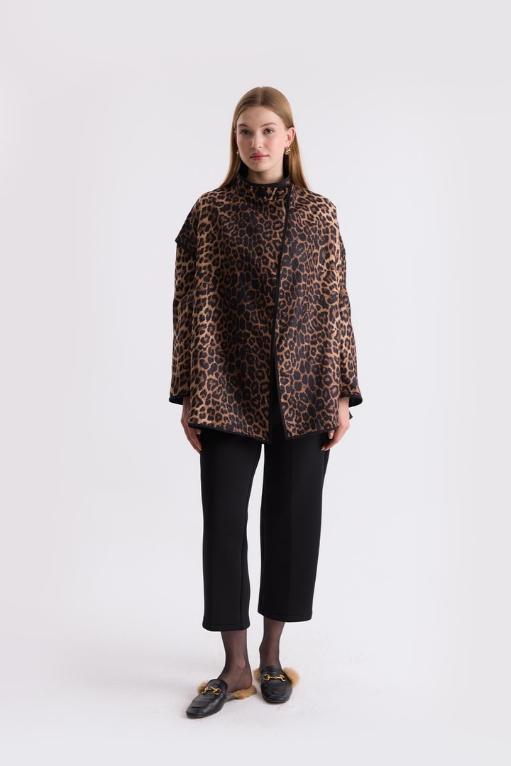 Mara Dik Yaka Leopar Desenli Ceket - Vizon