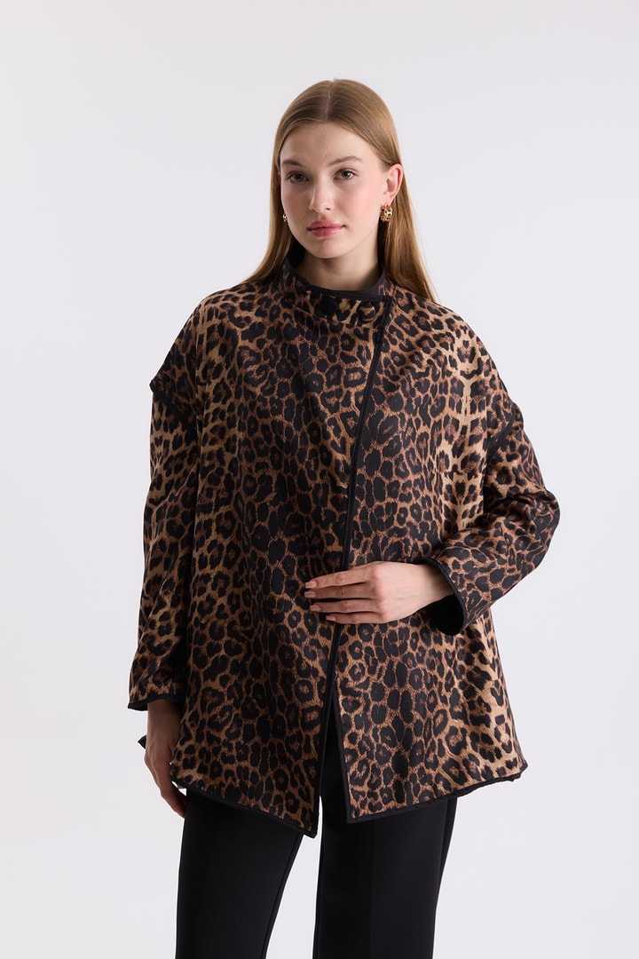 Mara Dik Yaka Leopar Desenli Ceket - Vizon
