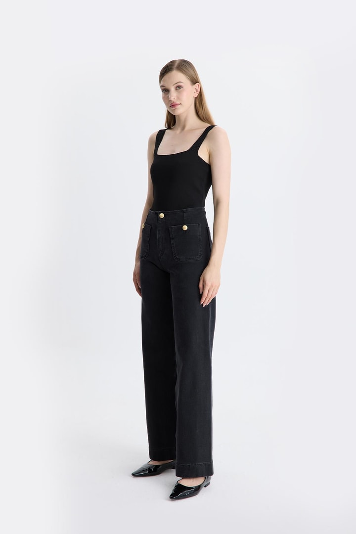 Mara Gold Düğme Kot Pantolon - Siyah