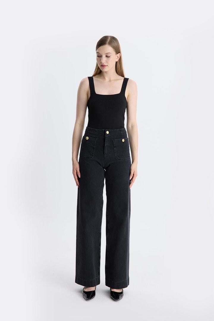 Mara Gold Düğme Kot Pantolon - Siyah