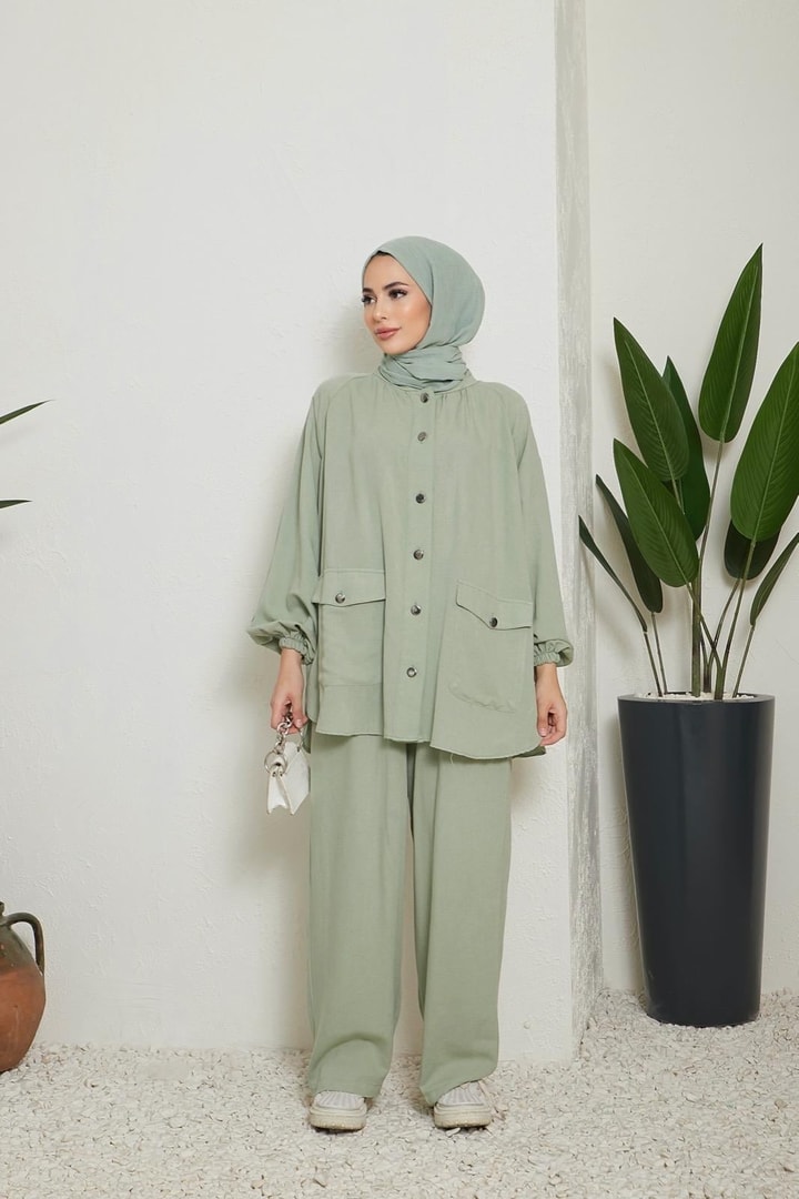 Marina Keten Düğmeli Kuşaklı Takım - Mint