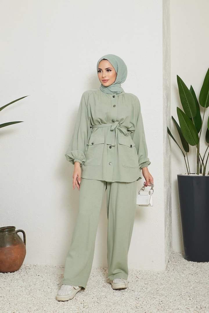 Marina Keten Düğmeli Kuşaklı Takım - Mint