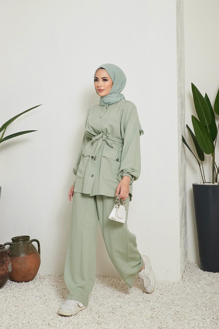 Marina Keten Düğmeli Kuşaklı Takım - Mint
