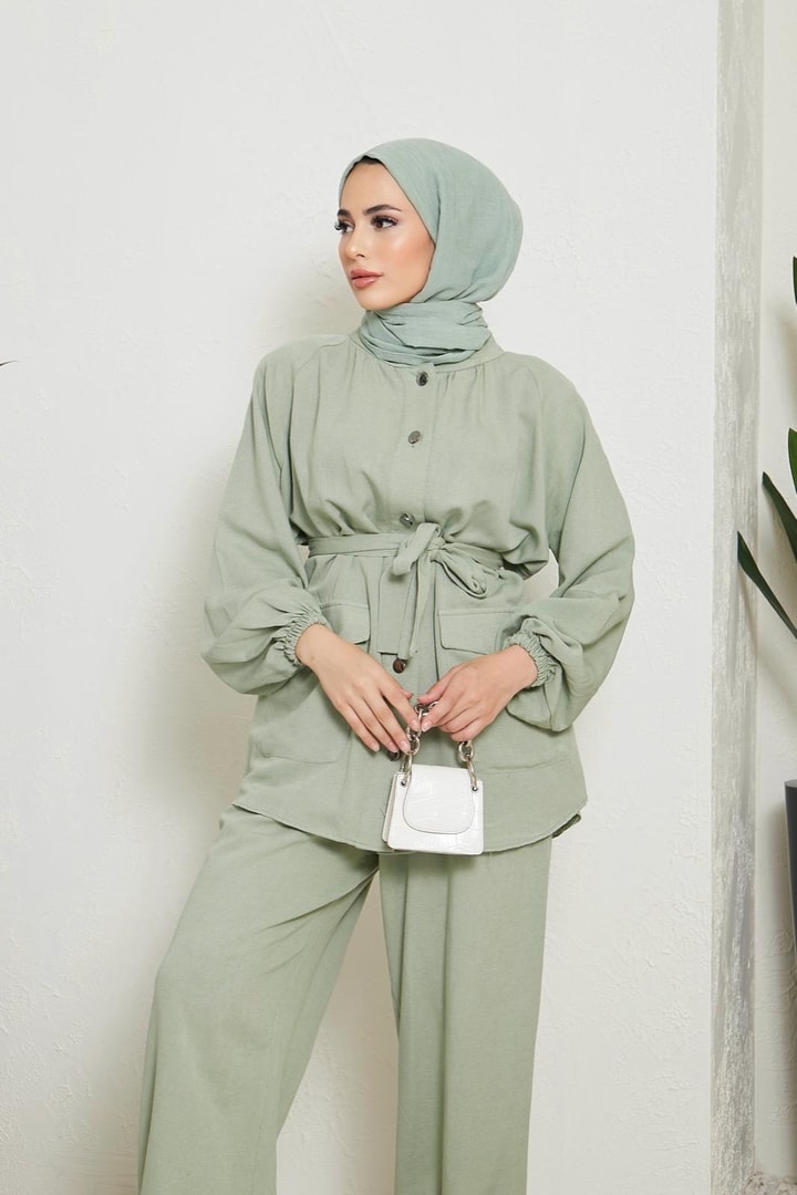 Marina Keten Düğmeli Kuşaklı Takım - Mint