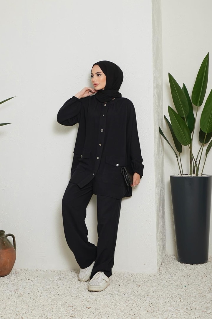 Marina Keten Düğmeli Kuşaklı Takım - Siyah