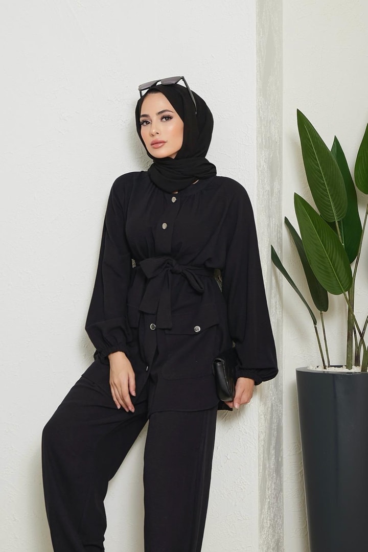 Marina Keten Düğmeli Kuşaklı Takım - Siyah