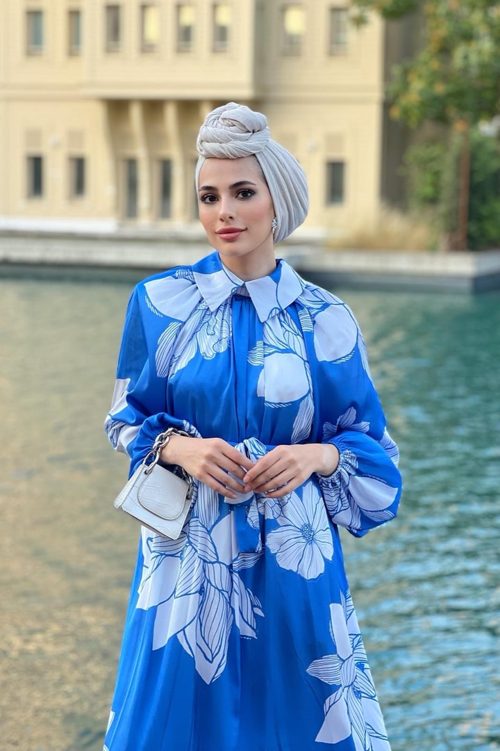 Mars Saten Desenli Elbise - Mavi