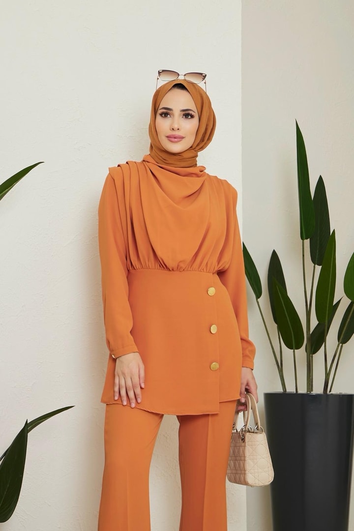 Martina Degaje Yaka Düğmeli Krep Takım - Oranj