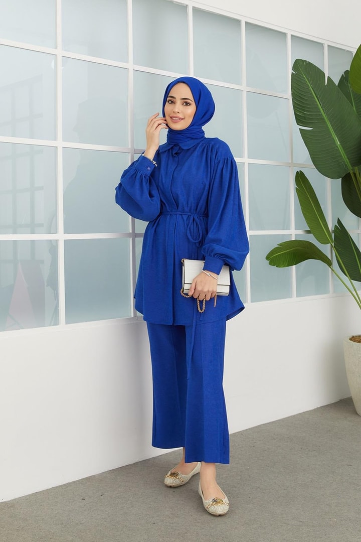 Maya Örme Büzgülü Takım - saks mavisi