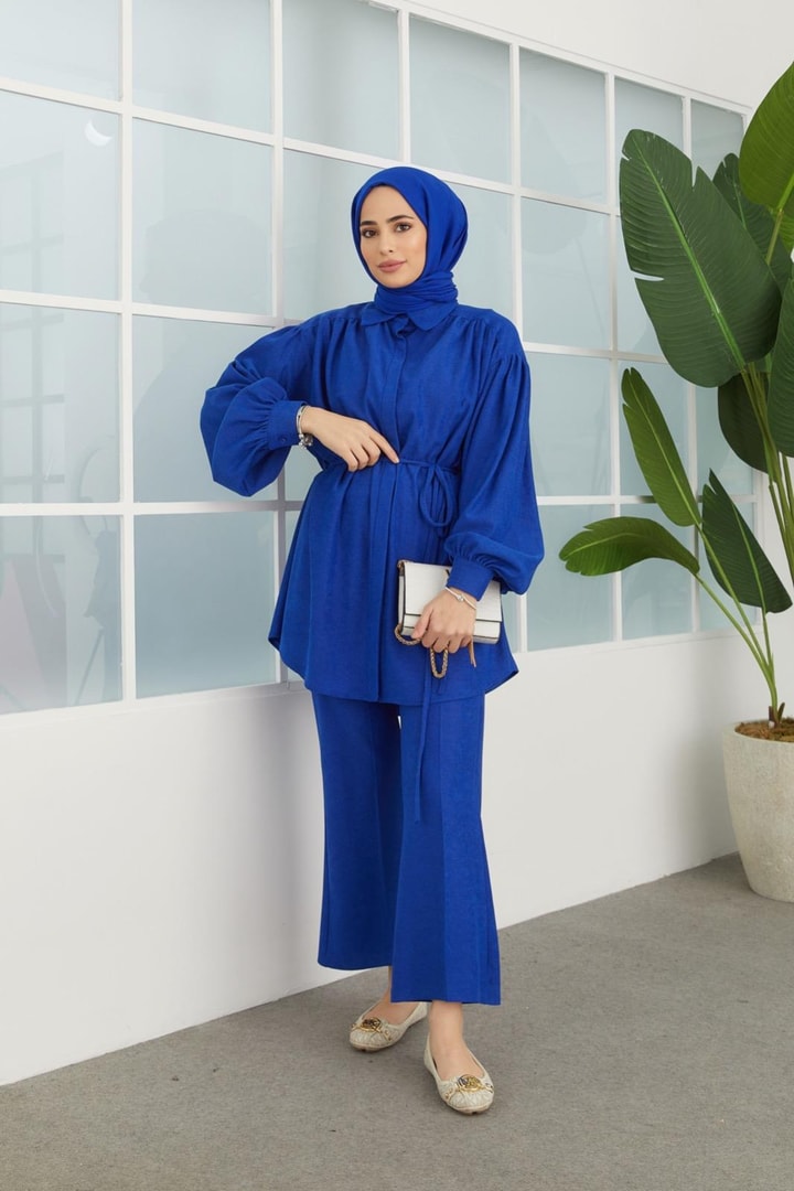 Maya Örme Büzgülü Takım - saks mavisi