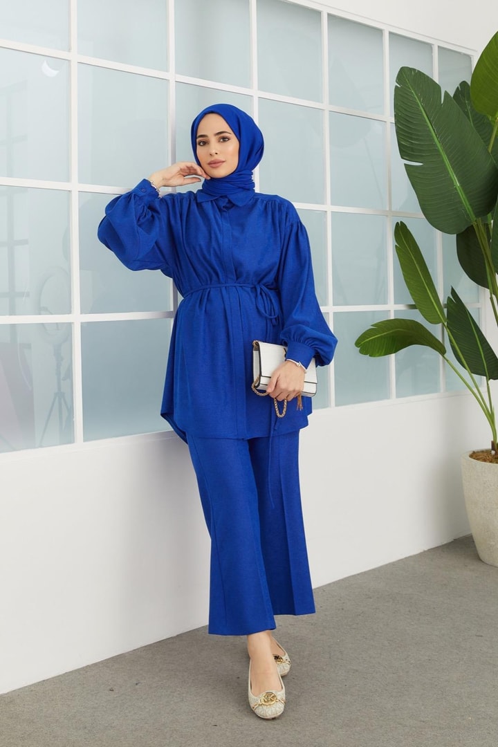 Maya Örme Büzgülü Takım - saks mavisi