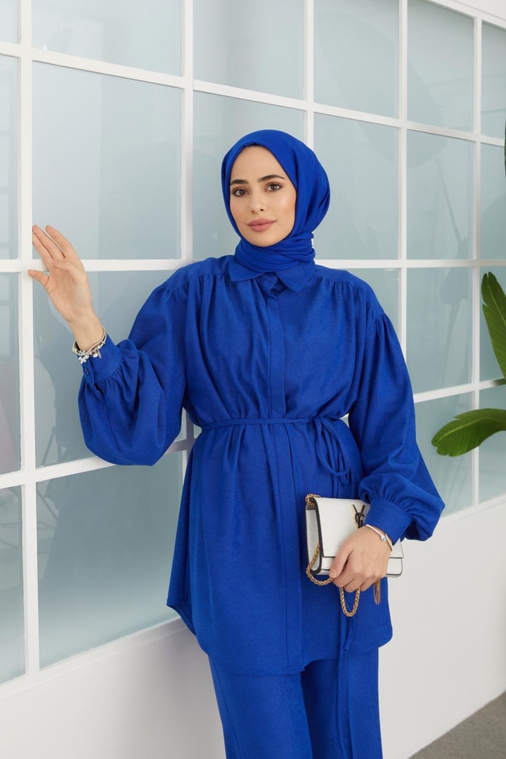Maya Örme Büzgülü Takım - saks mavisi