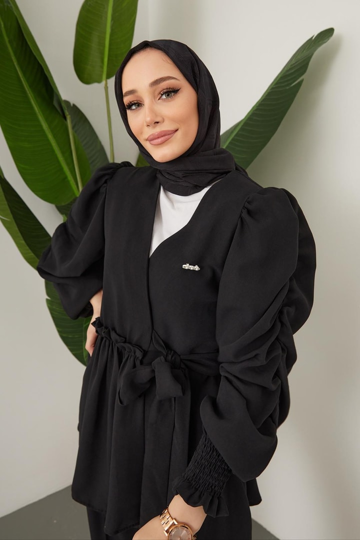 Maysa Kolu Büzgü Detaylı Takım - Siyah