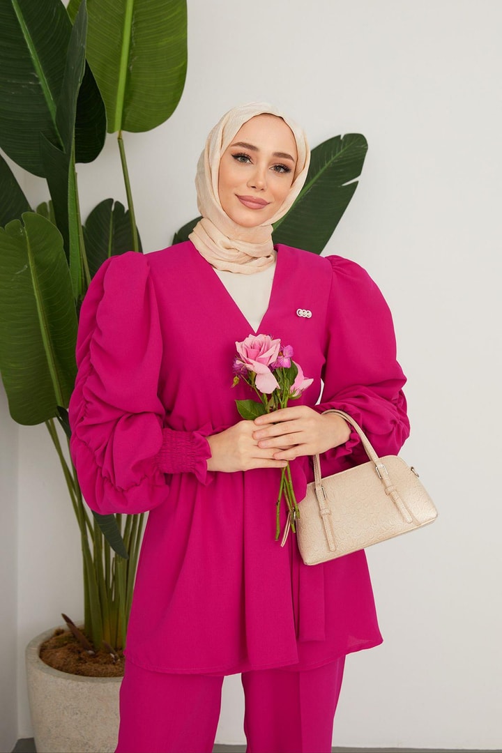 Maysa Kolu Büzgü Detaylı Takım - Vişne