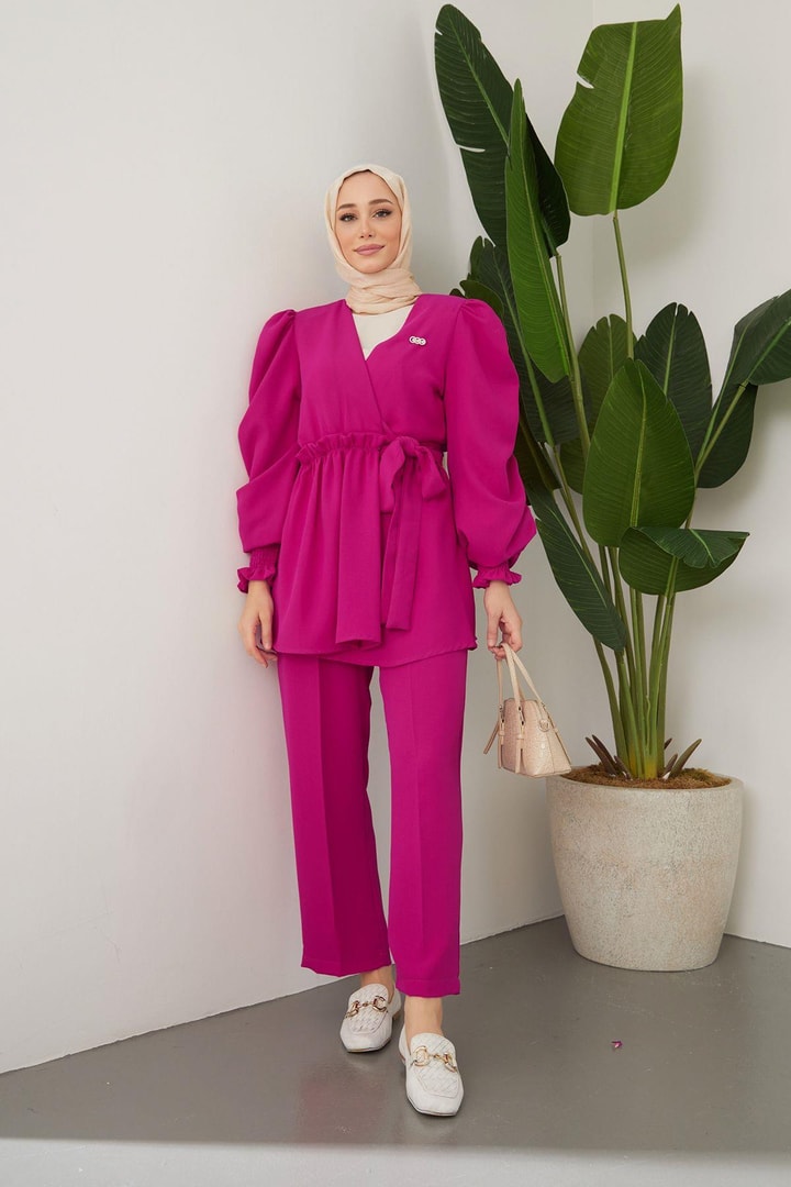 Maysa Kolu Büzgü Detaylı Takım - Vişne