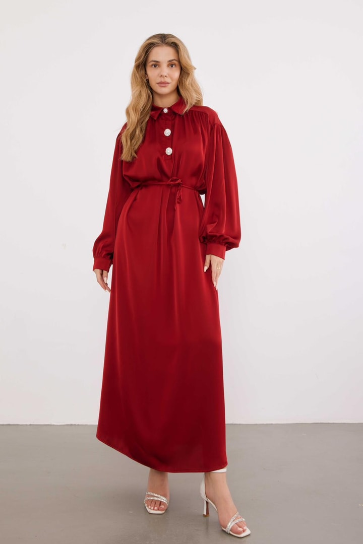 Megan Taşlı Saten Davet Elbisesi - Bordo