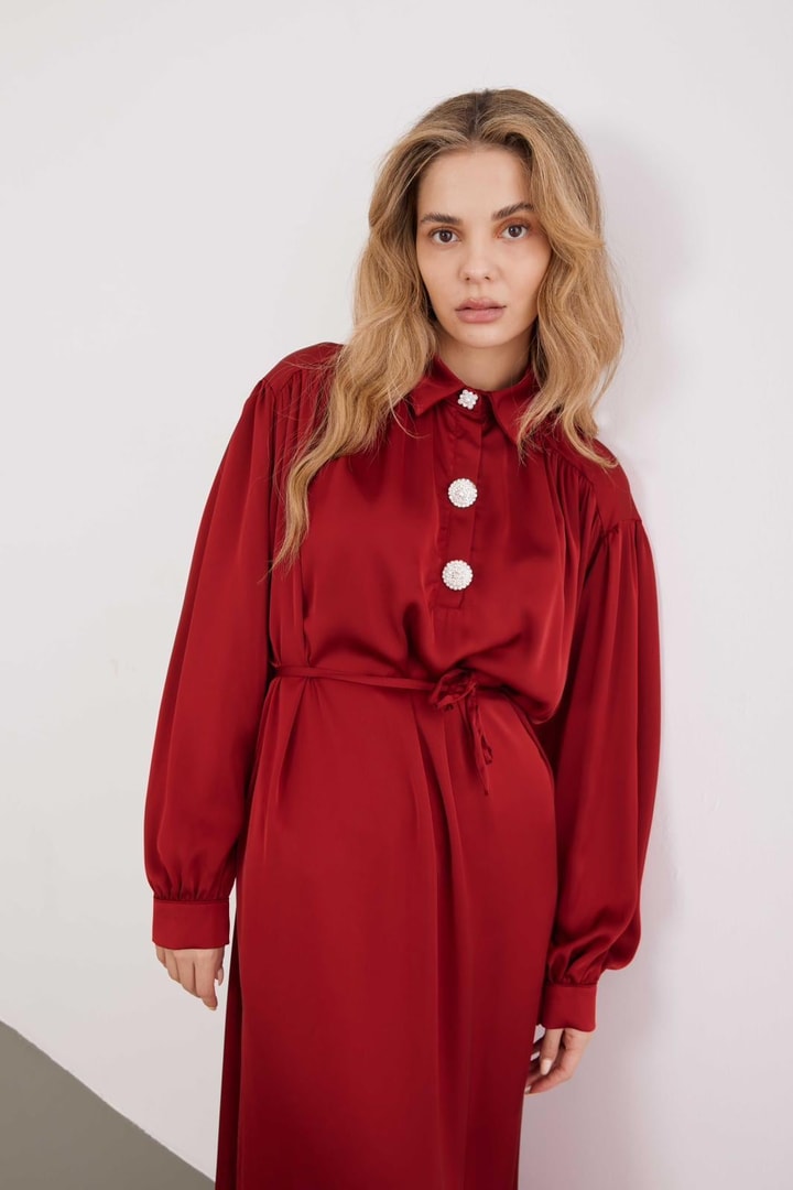Megan Taşlı Saten Davet Elbisesi - Bordo
