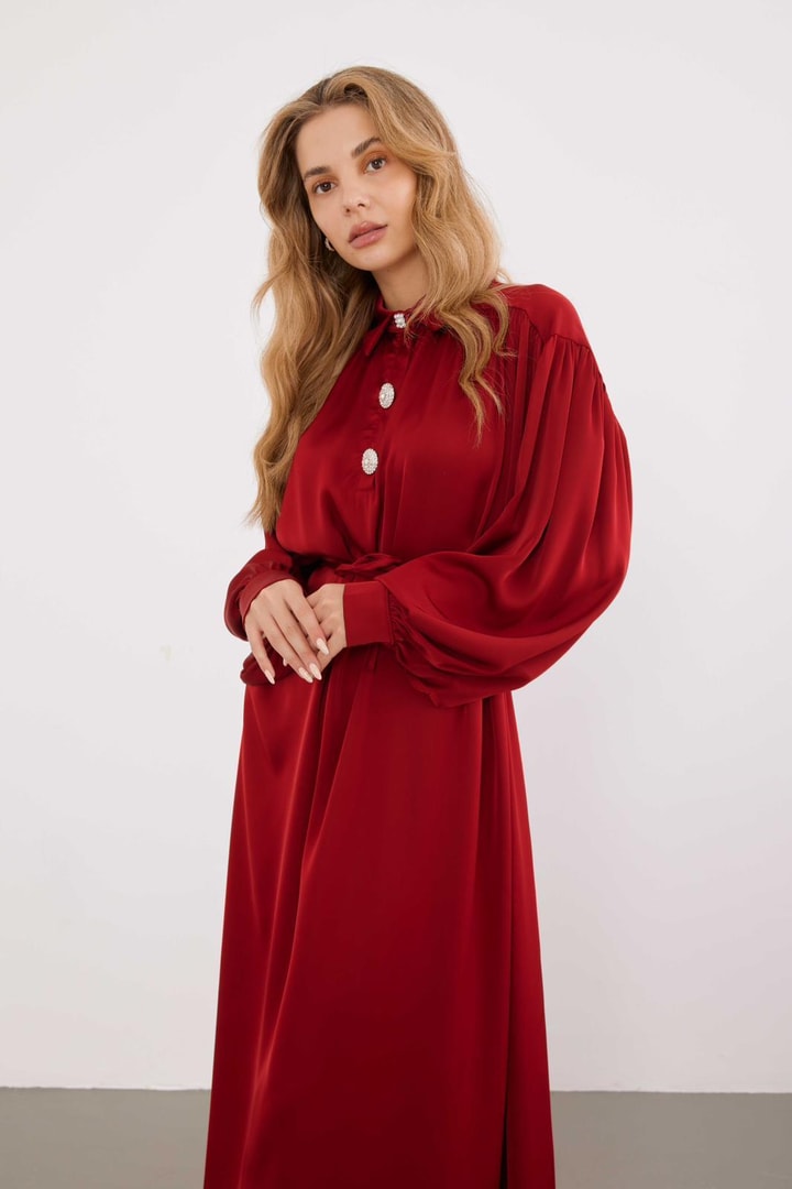 Megan Taşlı Saten Davet Elbisesi - Bordo