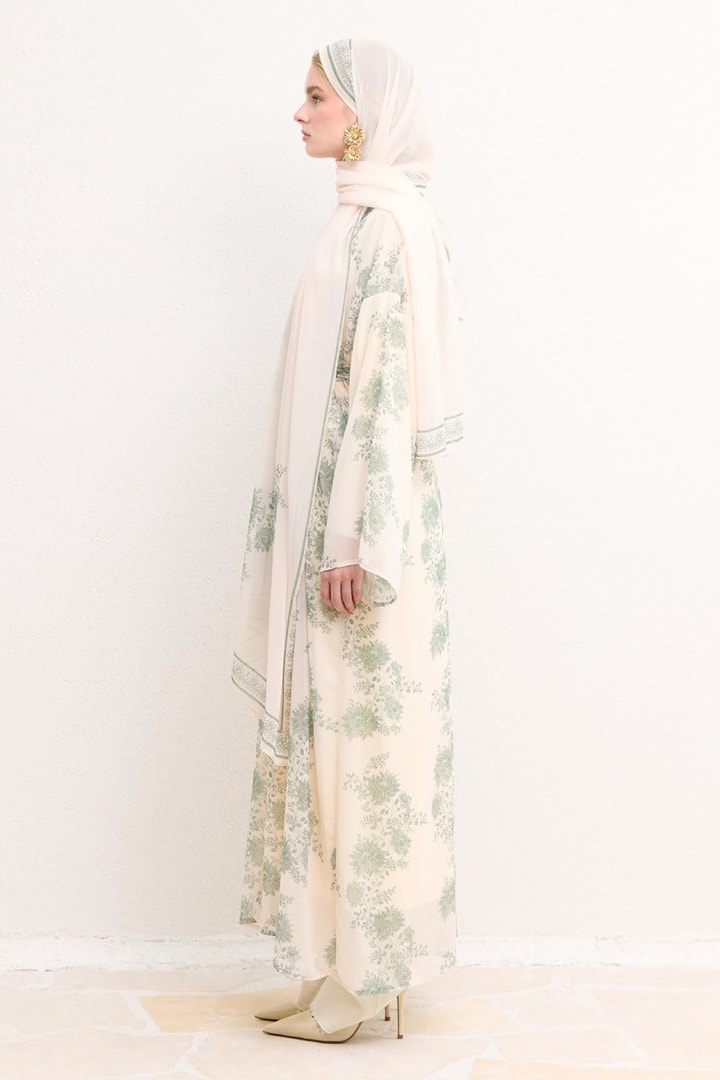 Mela Desenli Şallı Abaya - Bej
