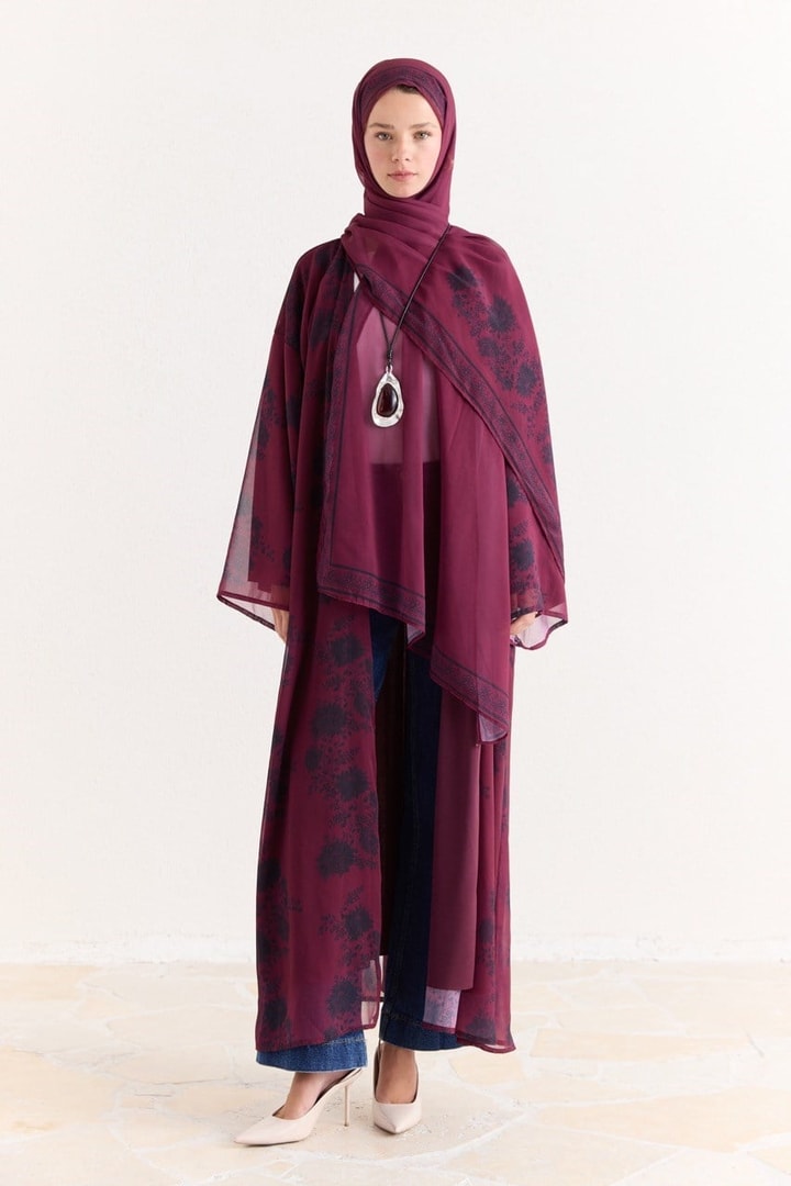 Mela Desenli Şallı Abaya - Bordo