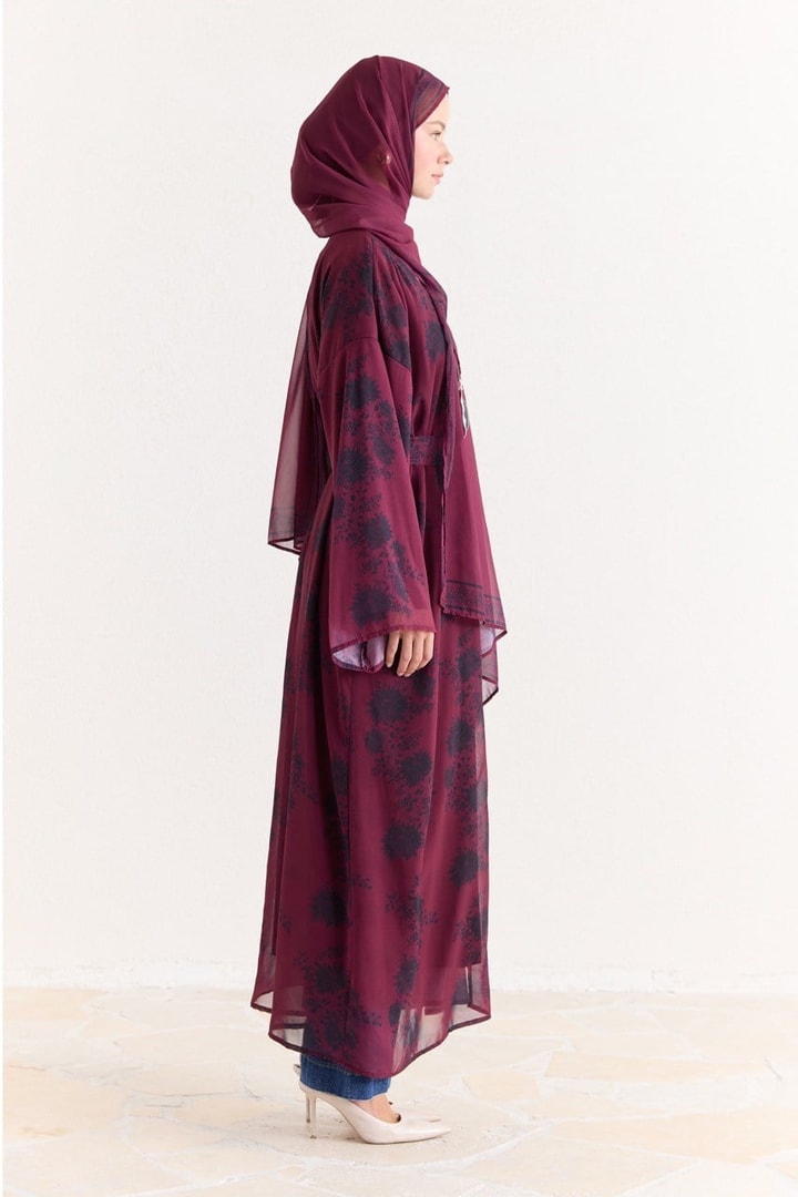 Mela Desenli Şallı Abaya - Bordo