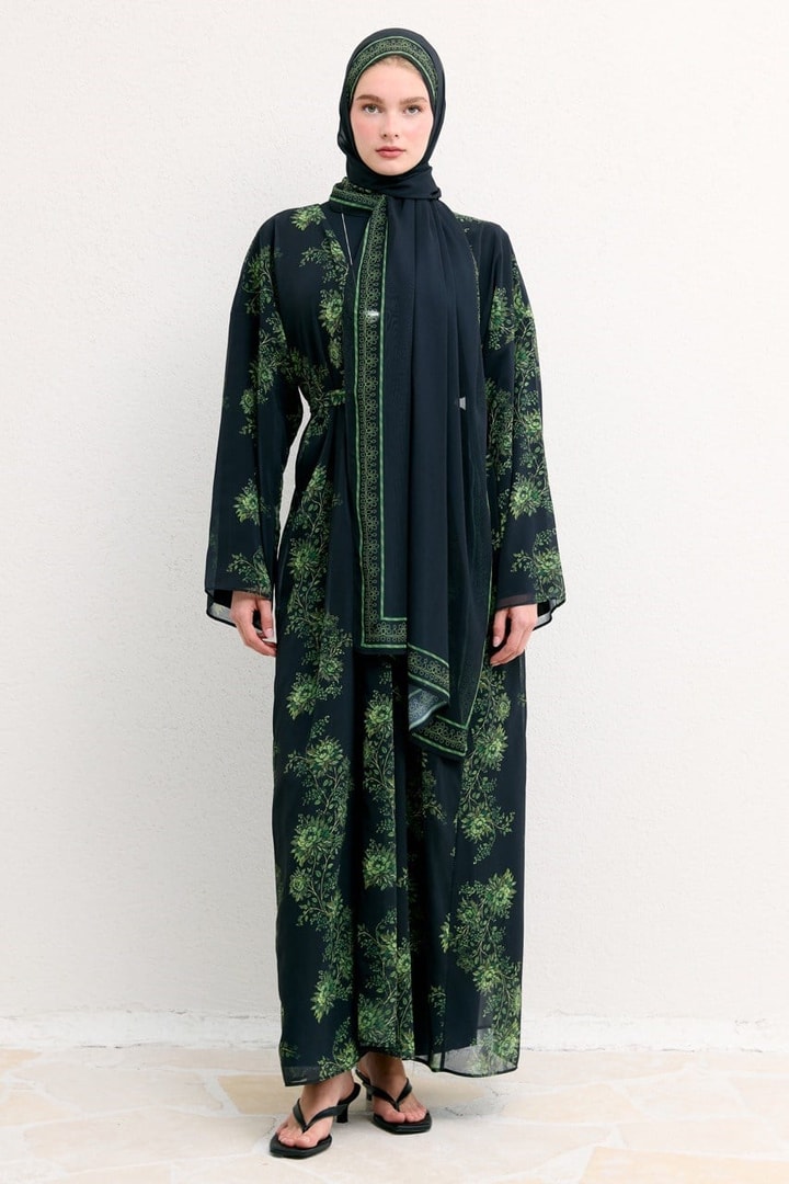 Mela Desenli Şallı Abaya - Siyah