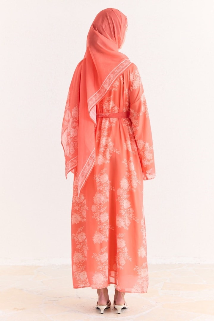 Mela Desenli Şallı Abaya - Turuncu