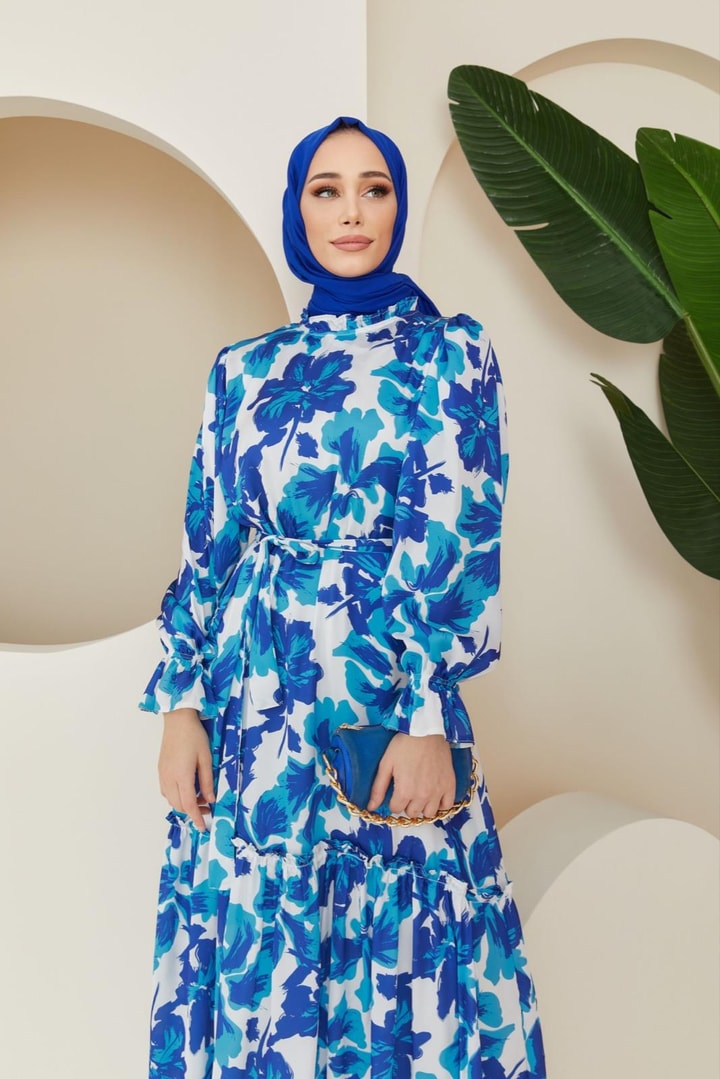 Mila Desenli Saten Elbise - Lacivert