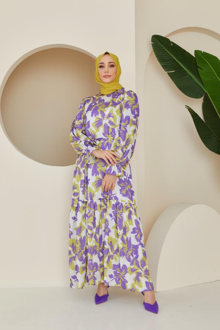 Mila Desenli Saten Elbise - Mor