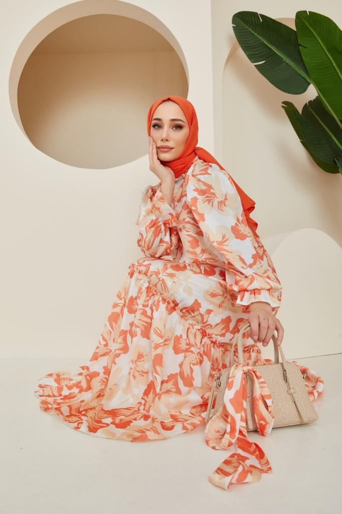 Mila Desenli Saten Elbise - Oranj