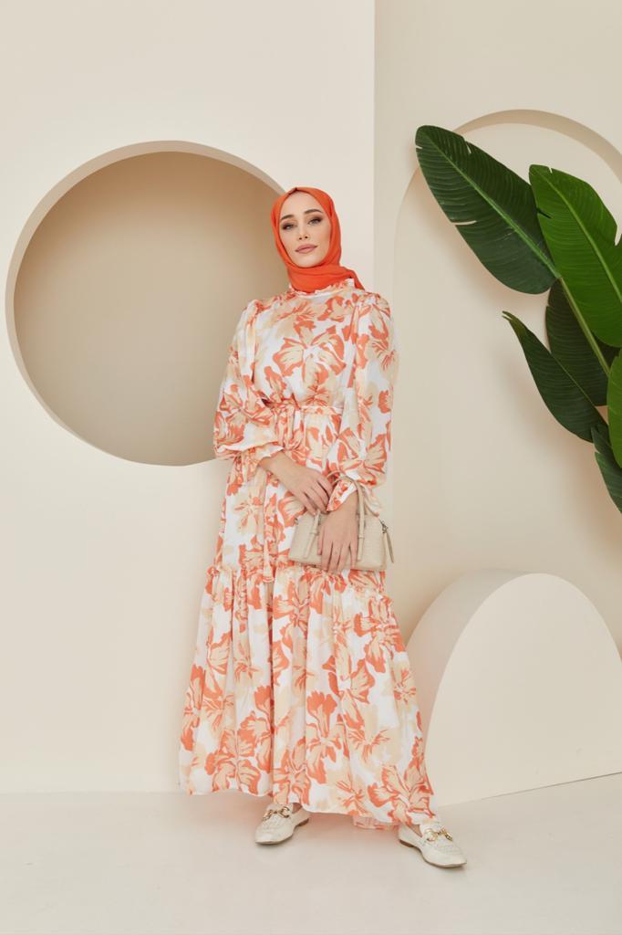 Mila Desenli Saten Elbise - Oranj