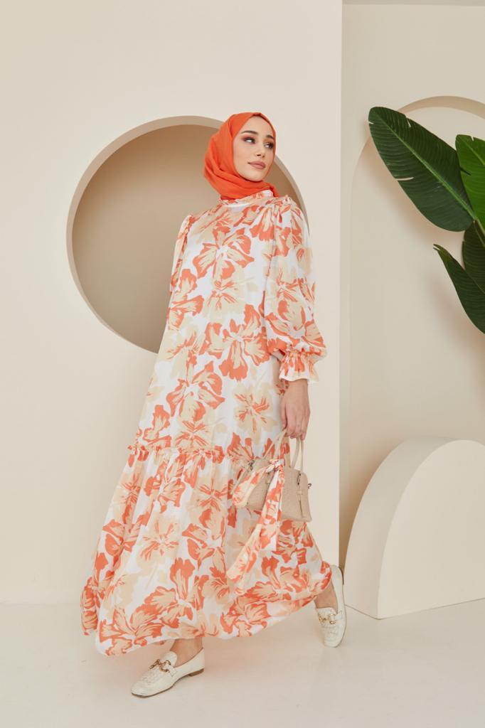 Mila Desenli Saten Elbise - Oranj
