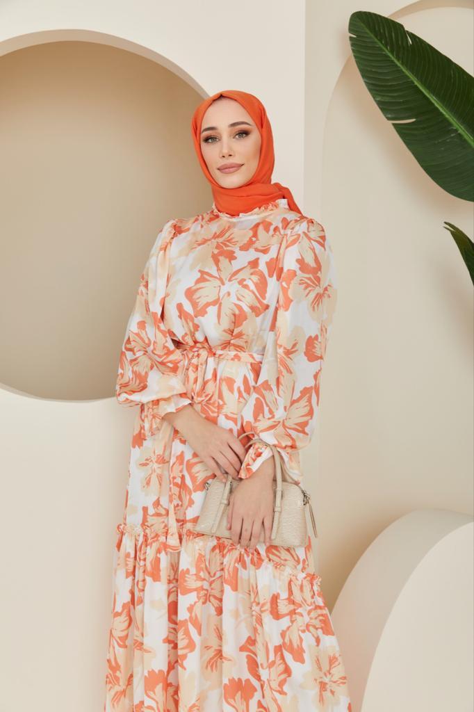 Mila Desenli Saten Elbise - Oranj