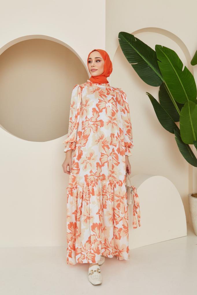 Mila Desenli Saten Elbise - Oranj