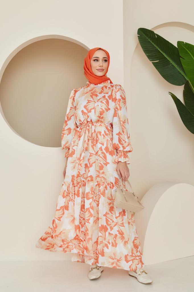 Mila Desenli Saten Elbise - Oranj