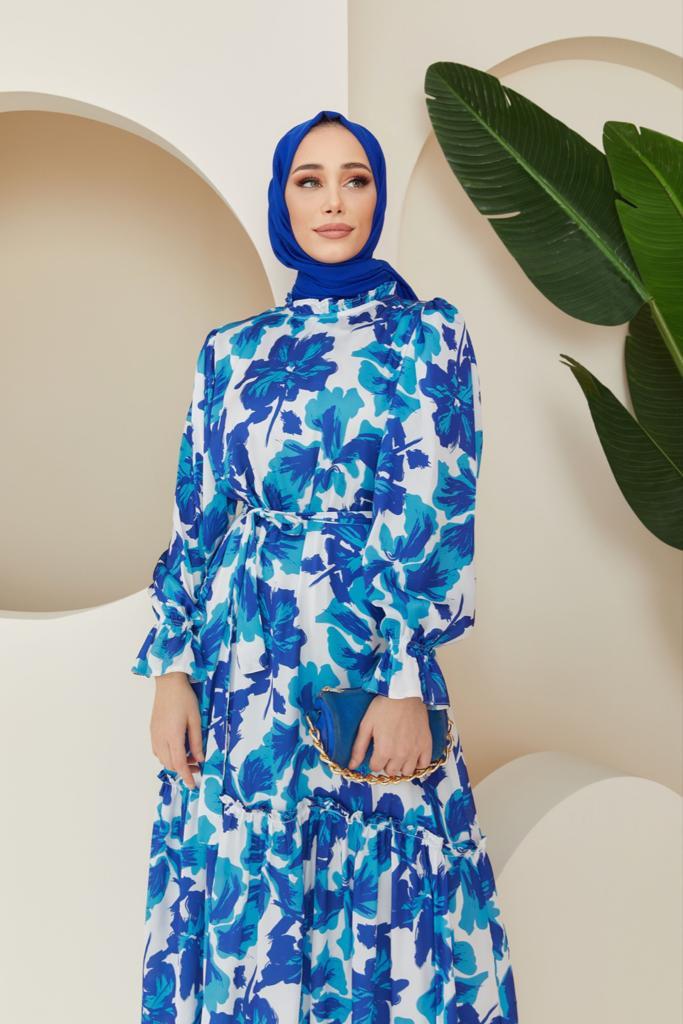 Mila Desenli Saten Elbise - saks mavisi