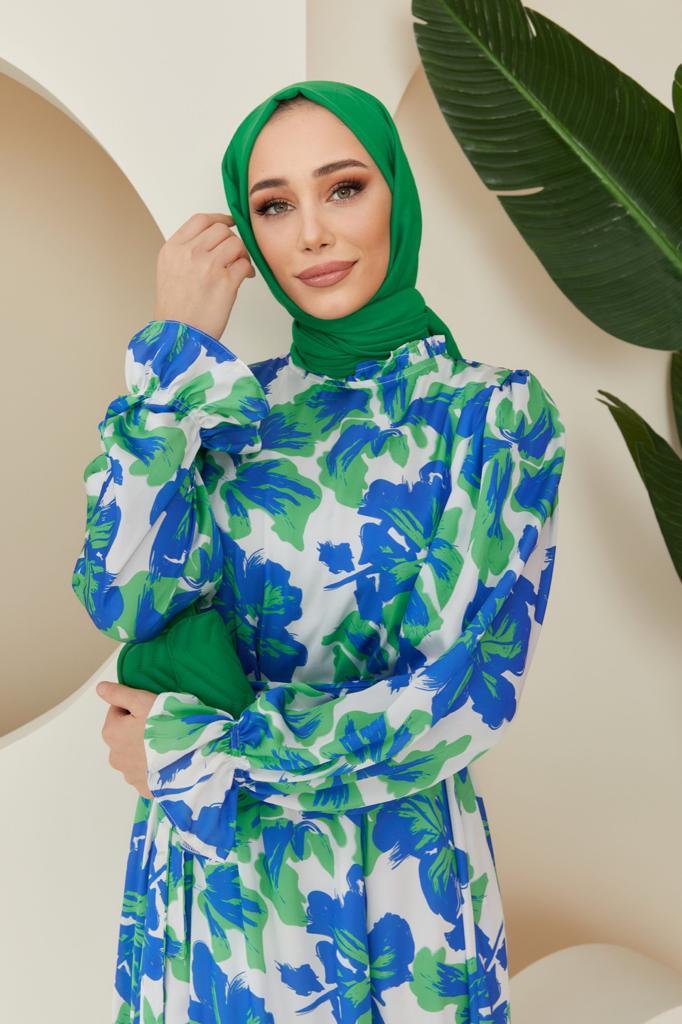 Mila Desenli Saten Elbise - Yeşil