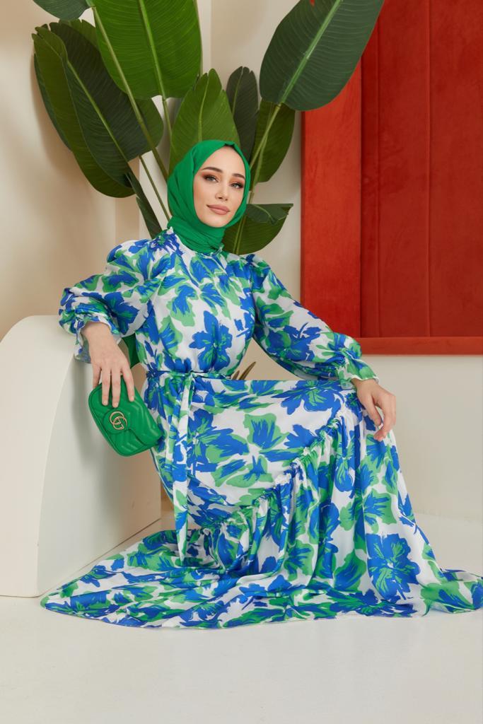 Mila Desenli Saten Elbise - Yeşil