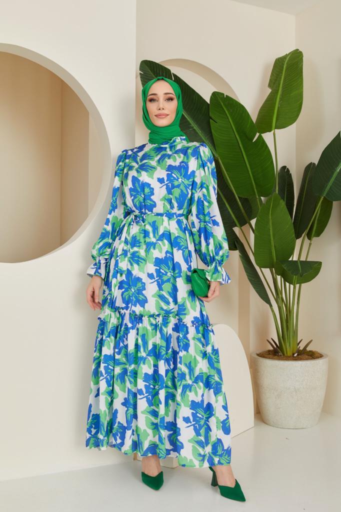 Mila Desenli Saten Elbise - Yeşil