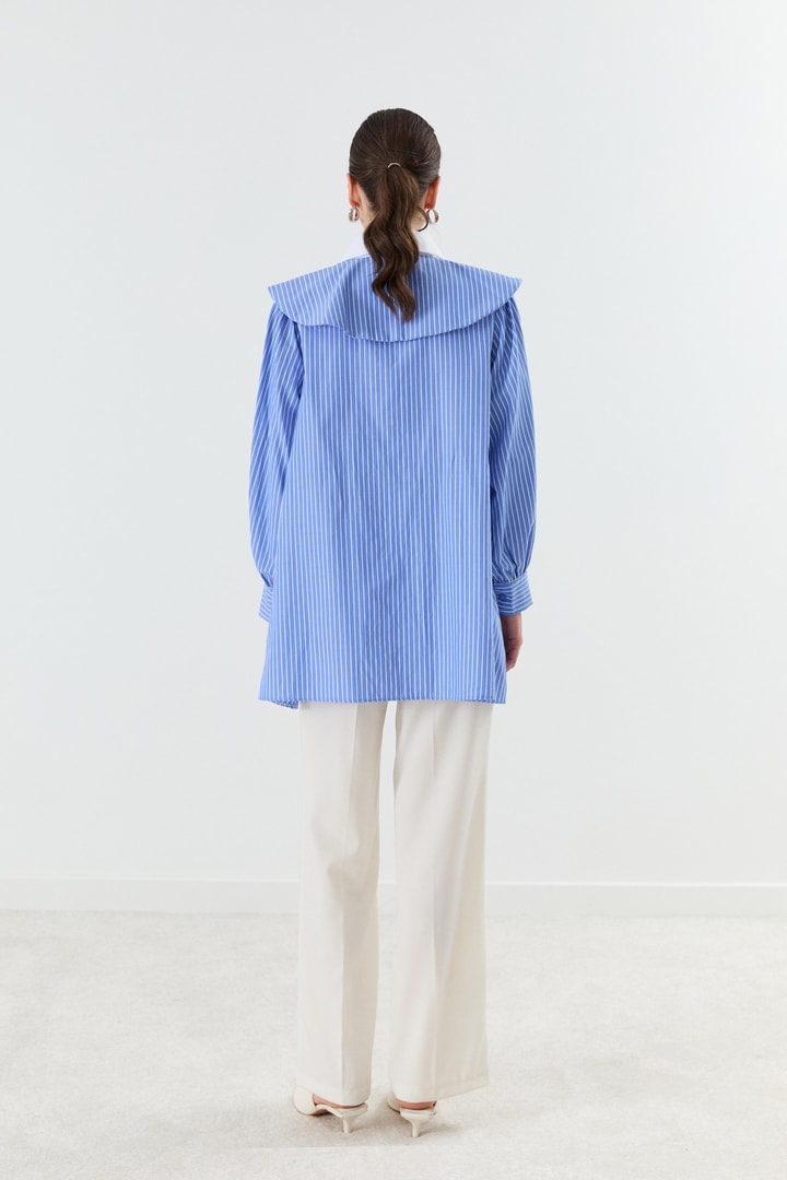 Mila Pat Yakalı Çizgili Gömlek - Mavi