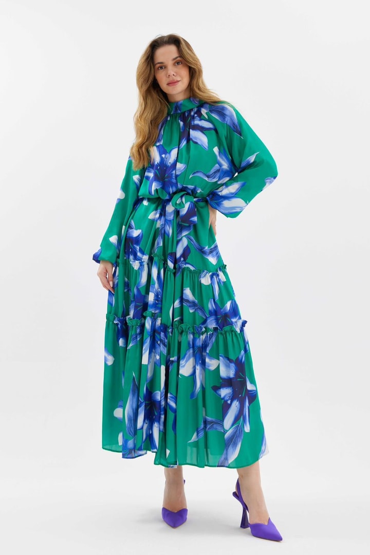 Miqa Baskı Desenli Saten Elbise - Yeşil