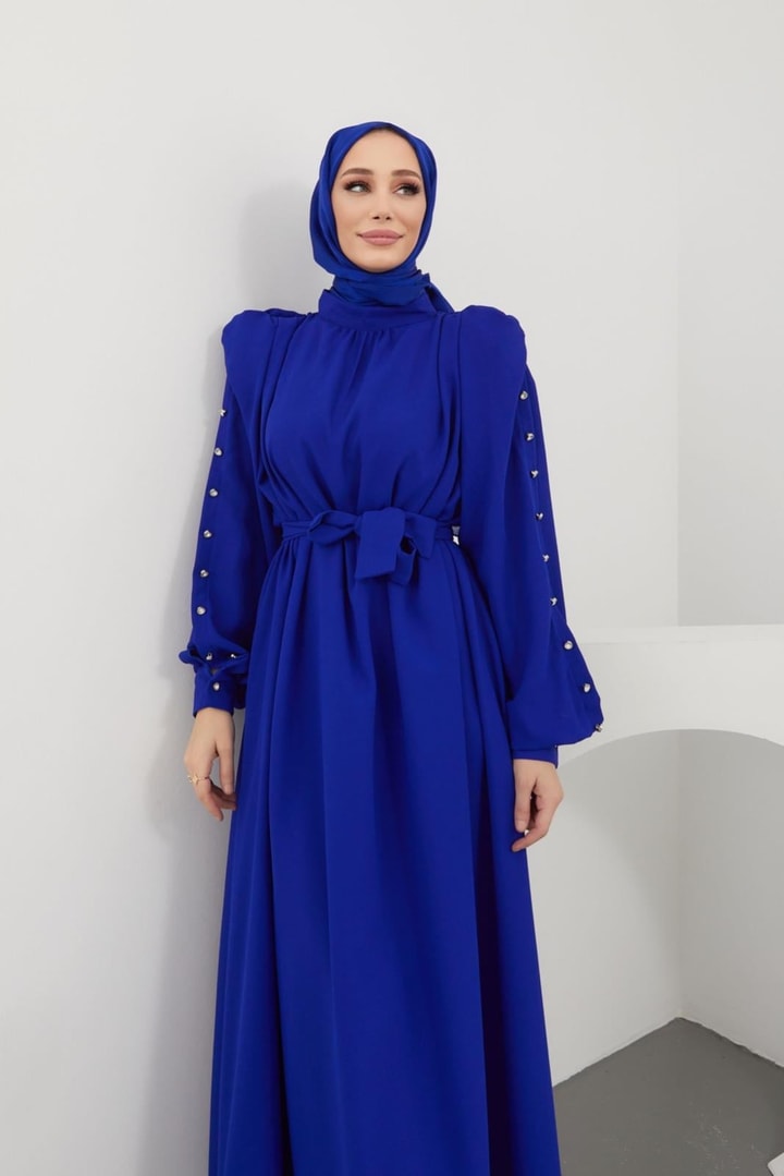 Mishel Omzu Büzgülü Kolu Düğmeli Elbise - saks mavisi